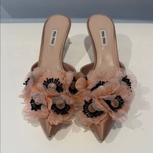 Miu Miu Peach Pink Floral Embellished Mules